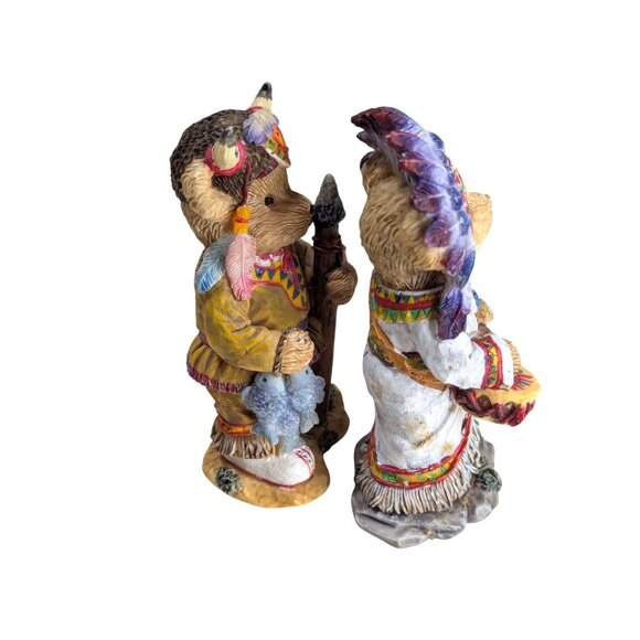 Native American-Inspired Bear Figurines Set Hand-Painted Resin Tribal Outfit Det - Picture 2 of 7